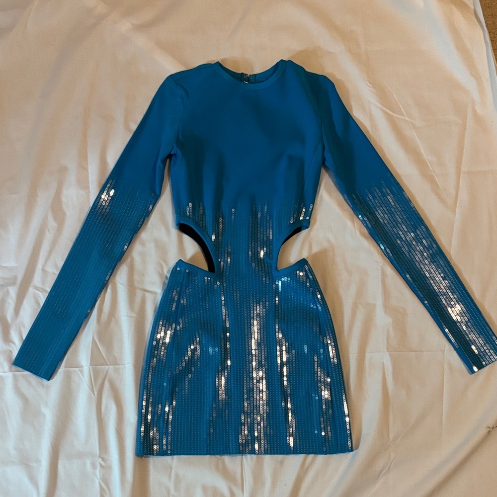 David Koma Electric Blue Sequin Cutout Long-Sleeve Mini Dress